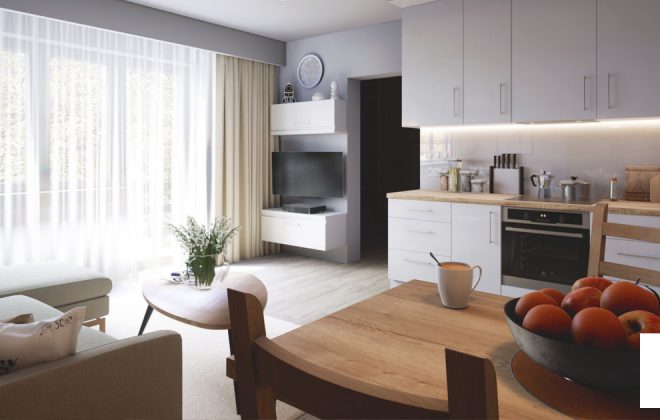 Cozinha e sala com móveis planejados